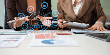 Hand touching secure access service edge icon on smartphone virtual screen background, password, network, framework and support technology in office