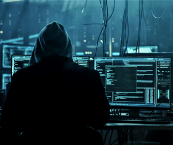 back of hacker in hoodie in front of multiple computer monitors hacking