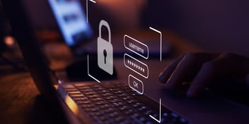 password box username password lock hovering over laptop in dark room
